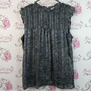 Blousology tank top blouse pleated ruffles frilly Chic Paisley Gray Blouse